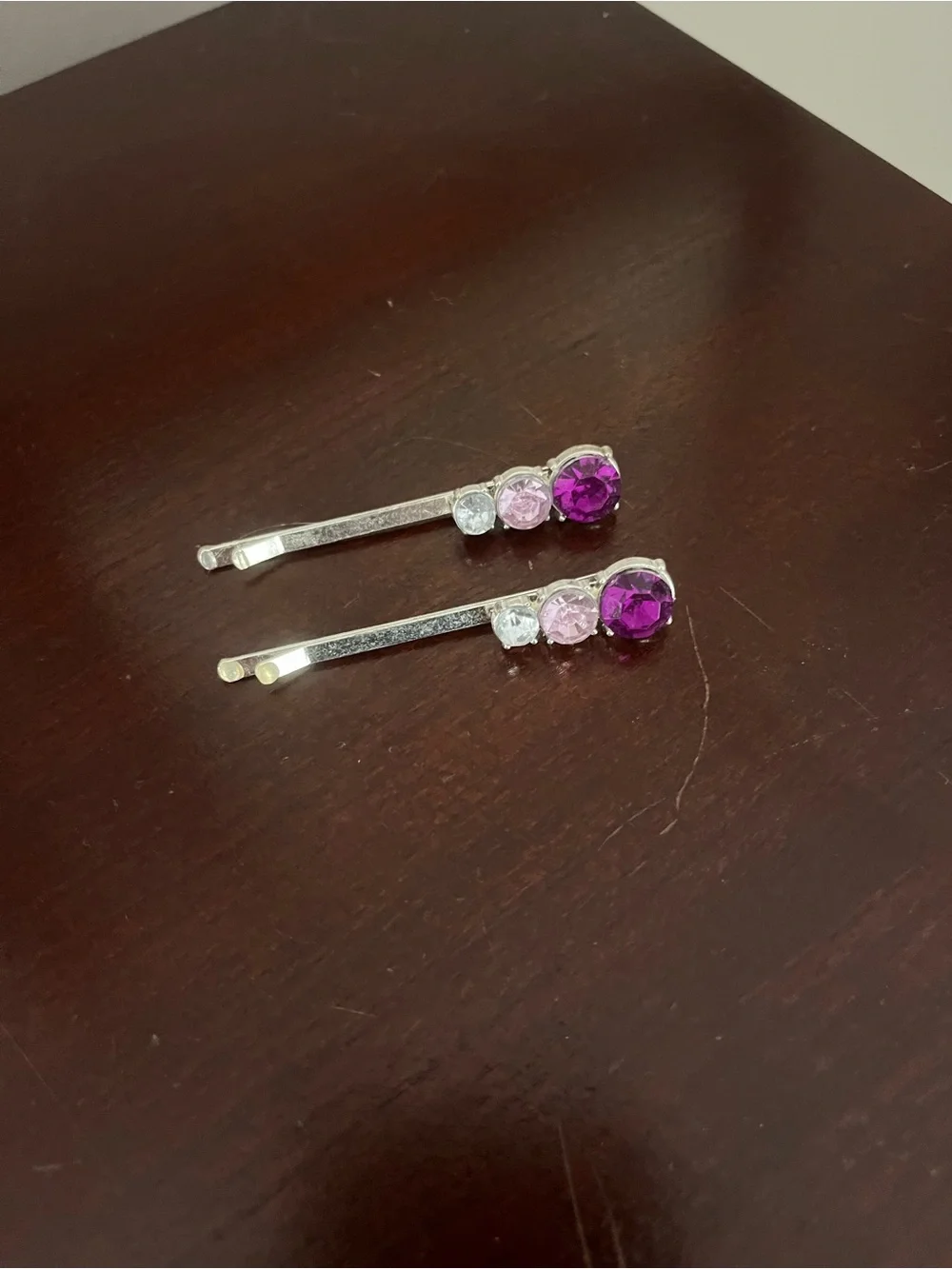 Silver Hair Bobby Pins with Purple and Pink Rhinestones
